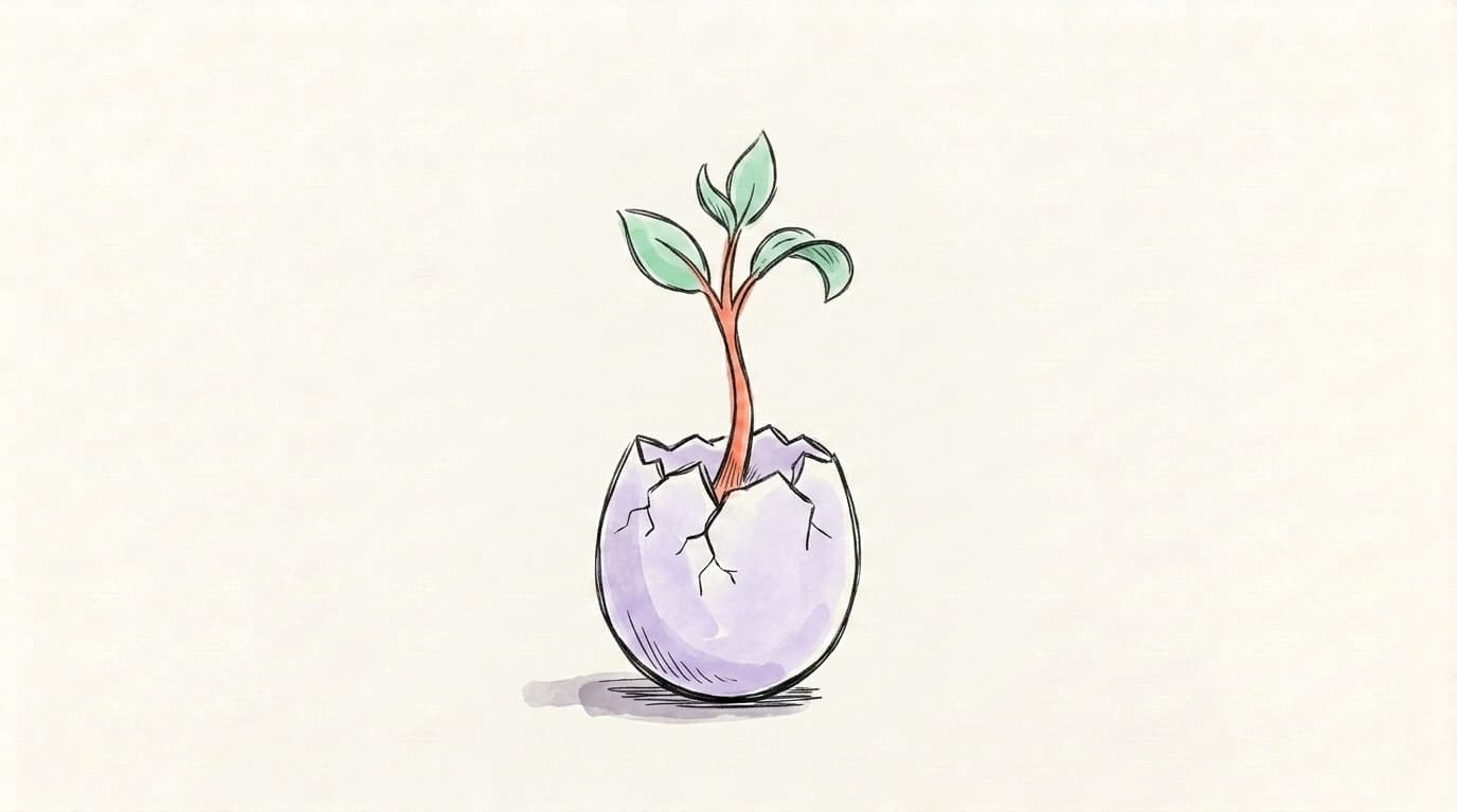 A green sapling growing out of a cracked egg