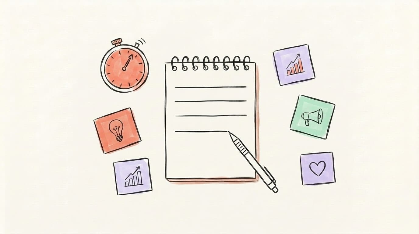 Hand-drawn worksheet with a timer and three blank pillar lines surrounded by brainstorm notes