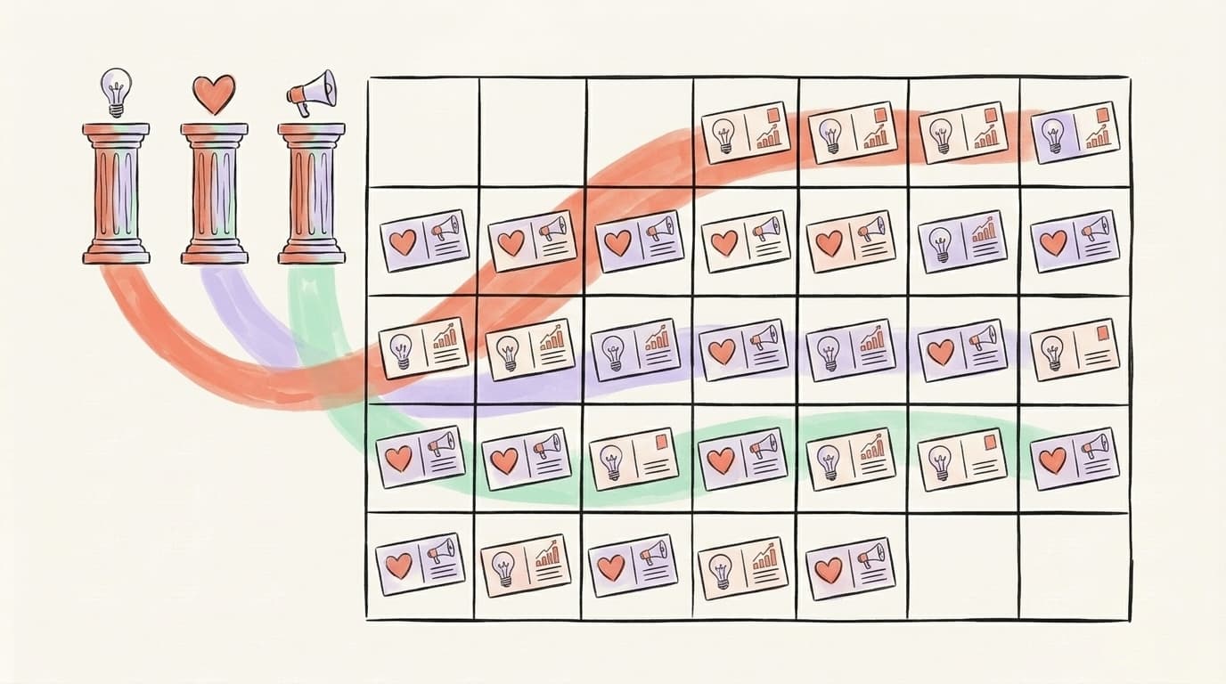 Hand-drawn calendar where three content pillars flow into a month of post cards