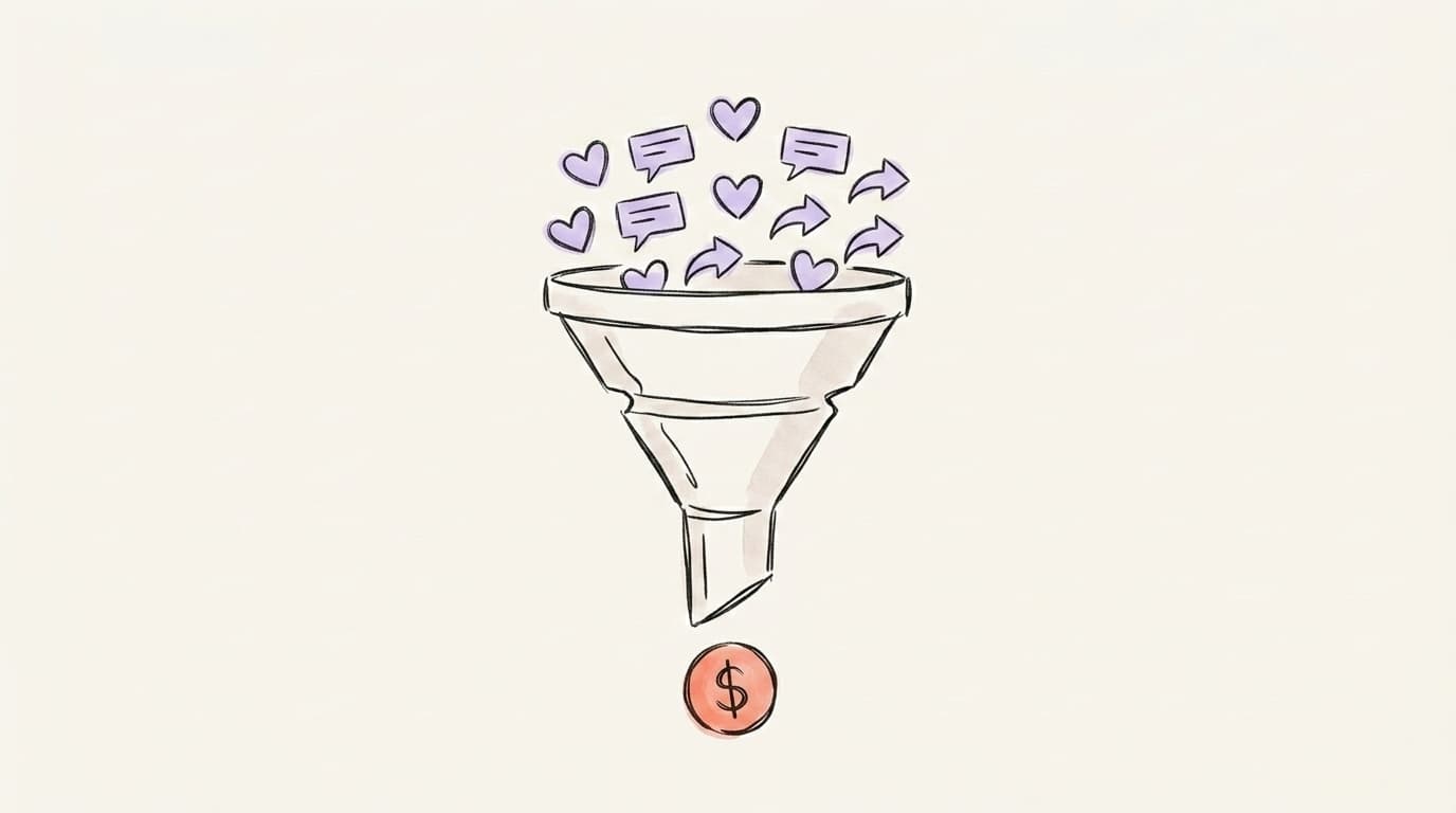 A funnel turning likes, comments, and shares into revenue