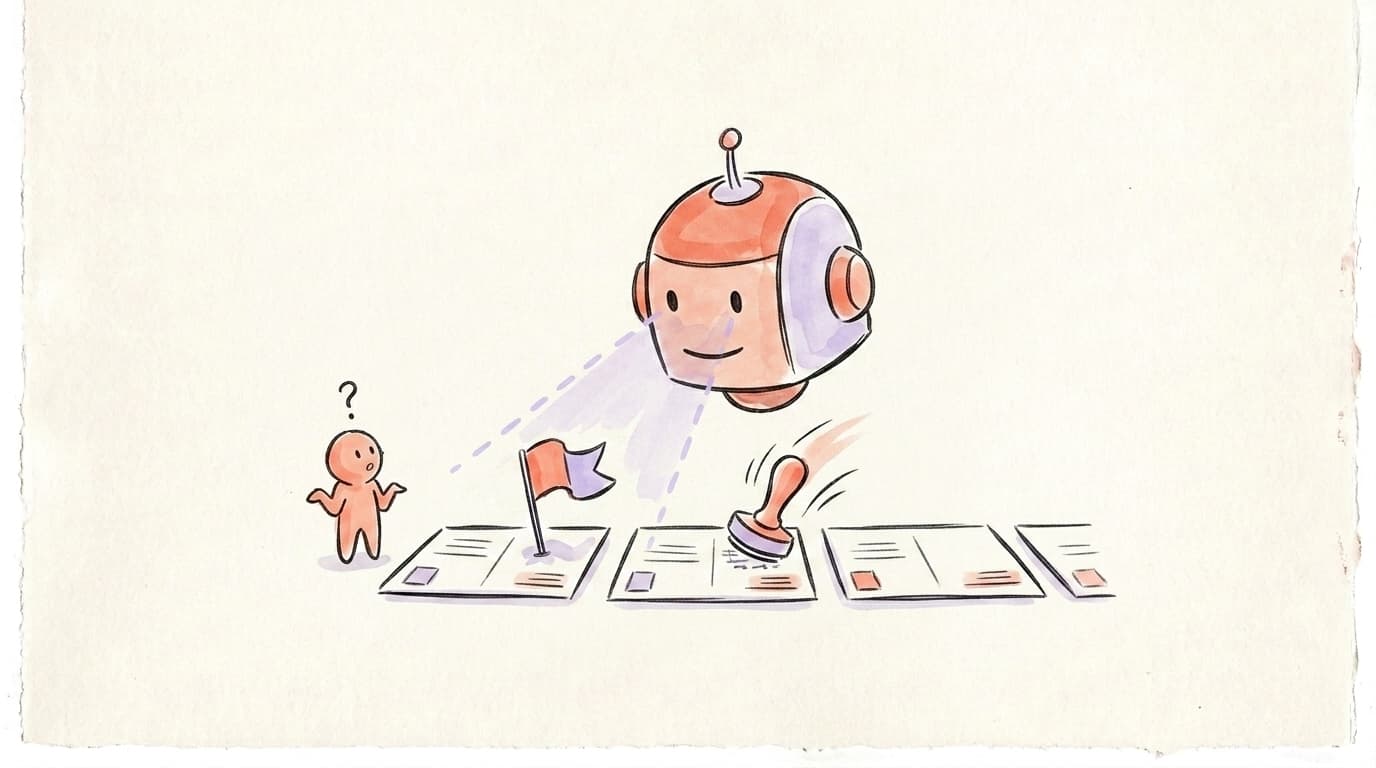A robot head scanning a row of identical posts and flagging one while a small confused figure shrugs, representing automated false-positive bans