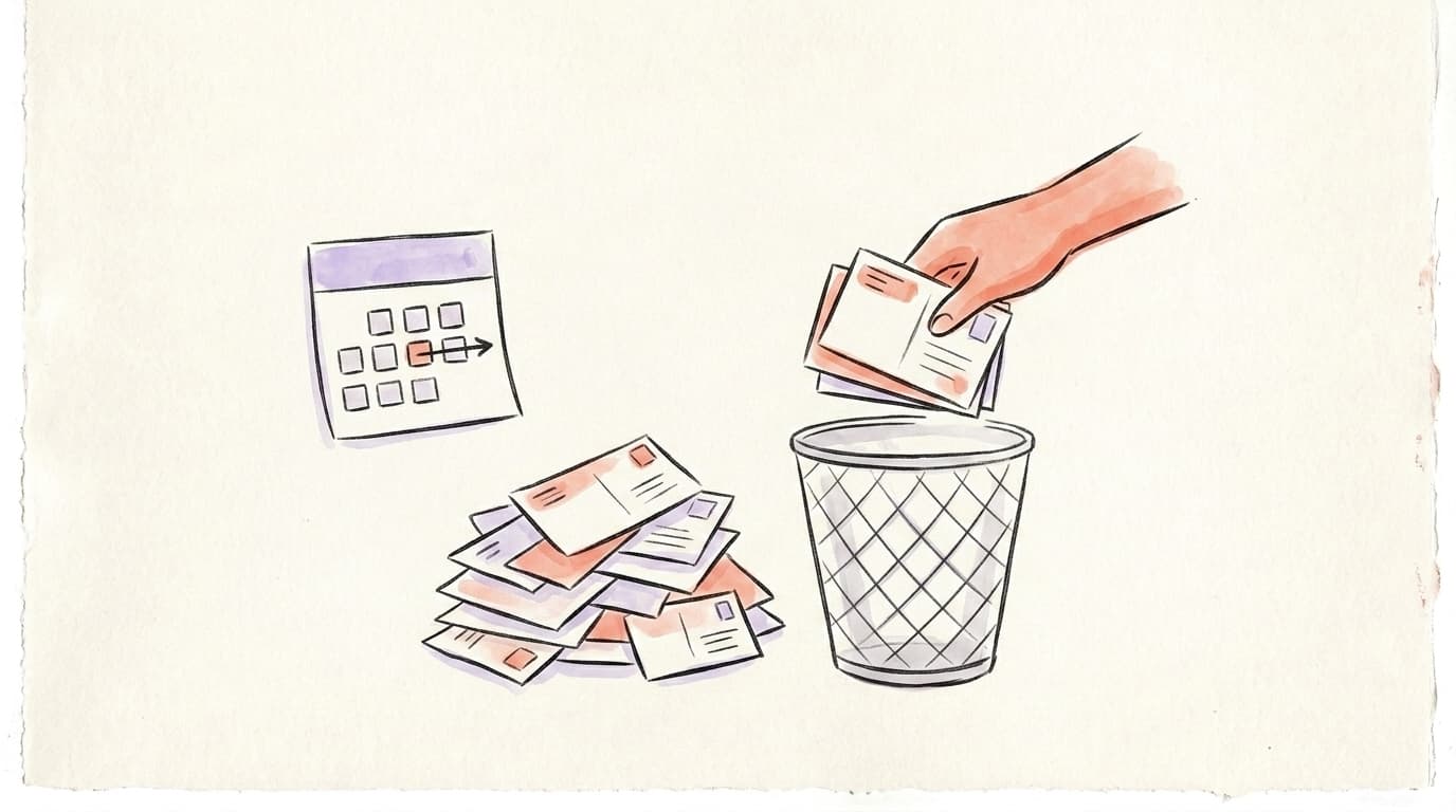 A hand dropping a few post cards into a bin beside a large untouched pile and a calendar, illustrating deleting spammy posts in small daily batches