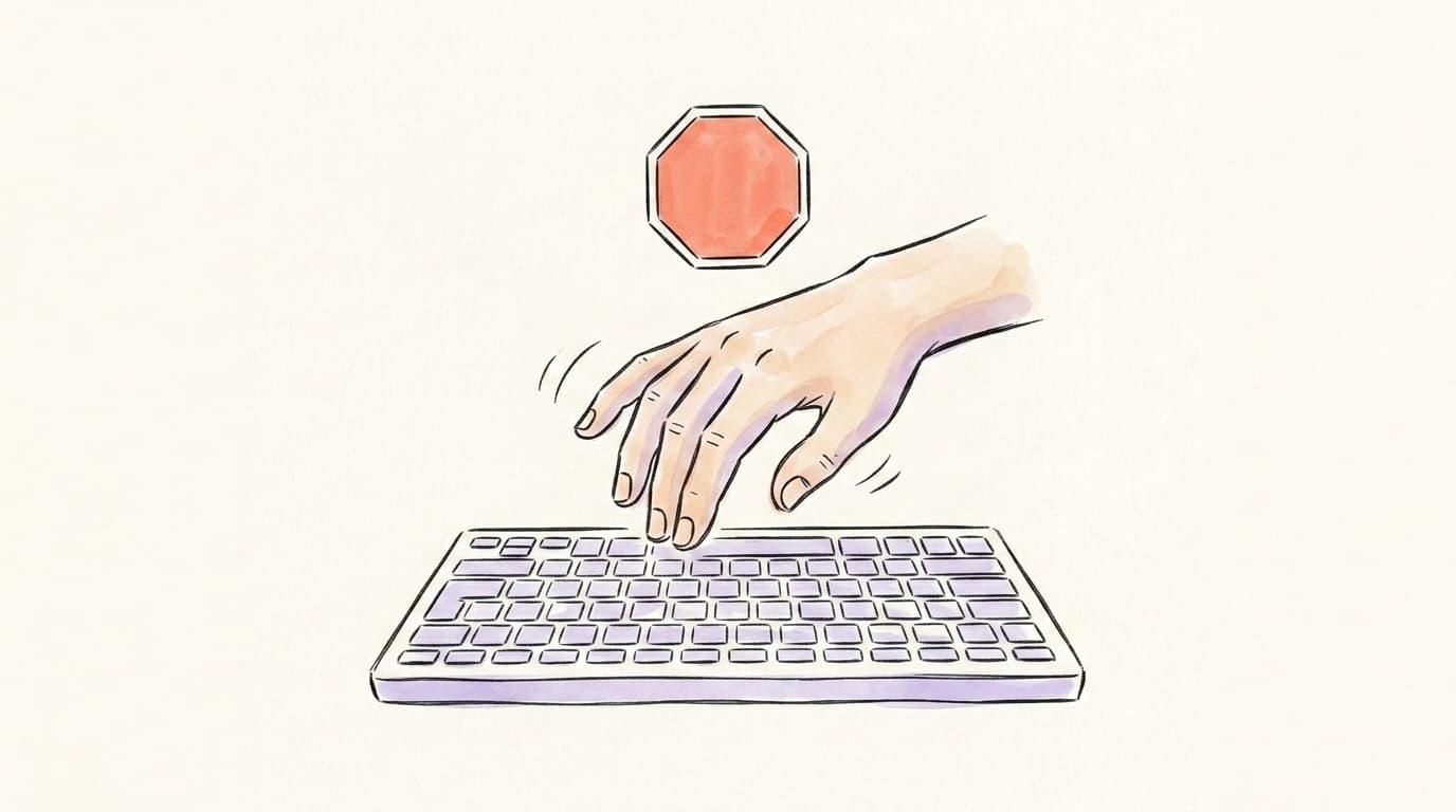 A hand frozen above a keyboard with a stop signal
