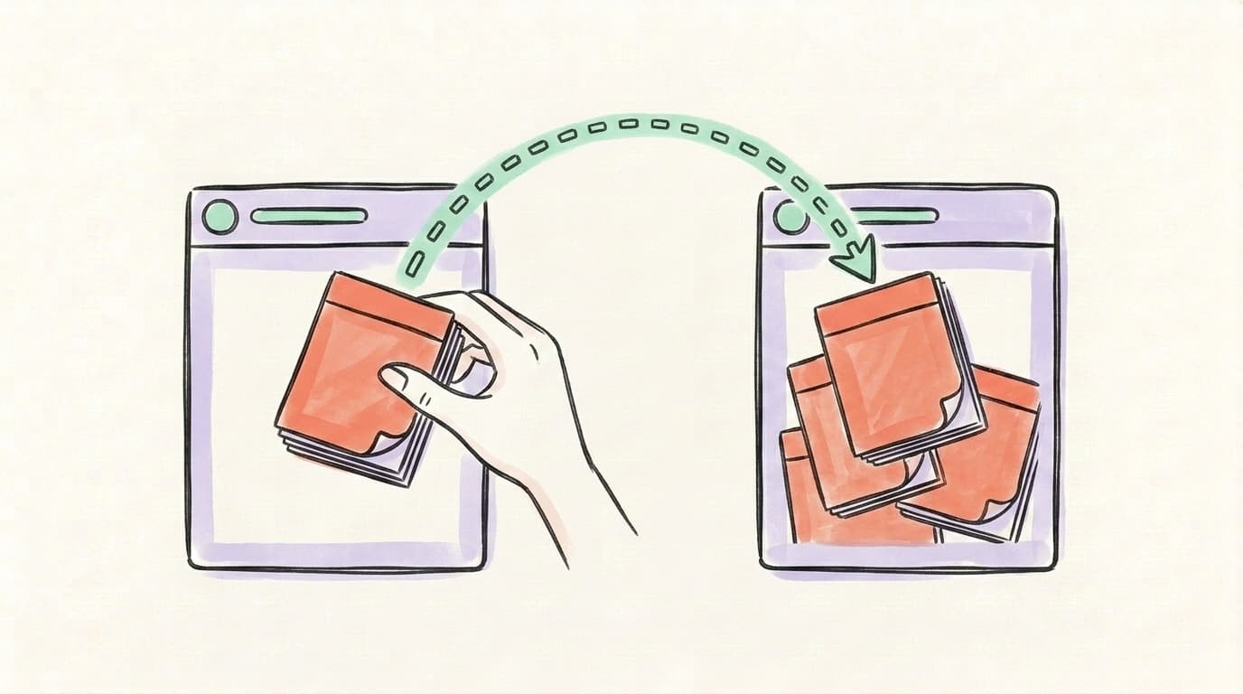 A hand-drawn hand moving stacks of post cards from one app window into a new app window, like migrating between tools