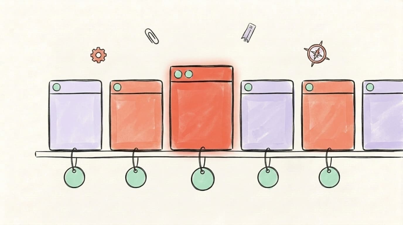 A hand-drawn shelf of scheduler tool cards lined up side by side for comparison, each with a small price tag