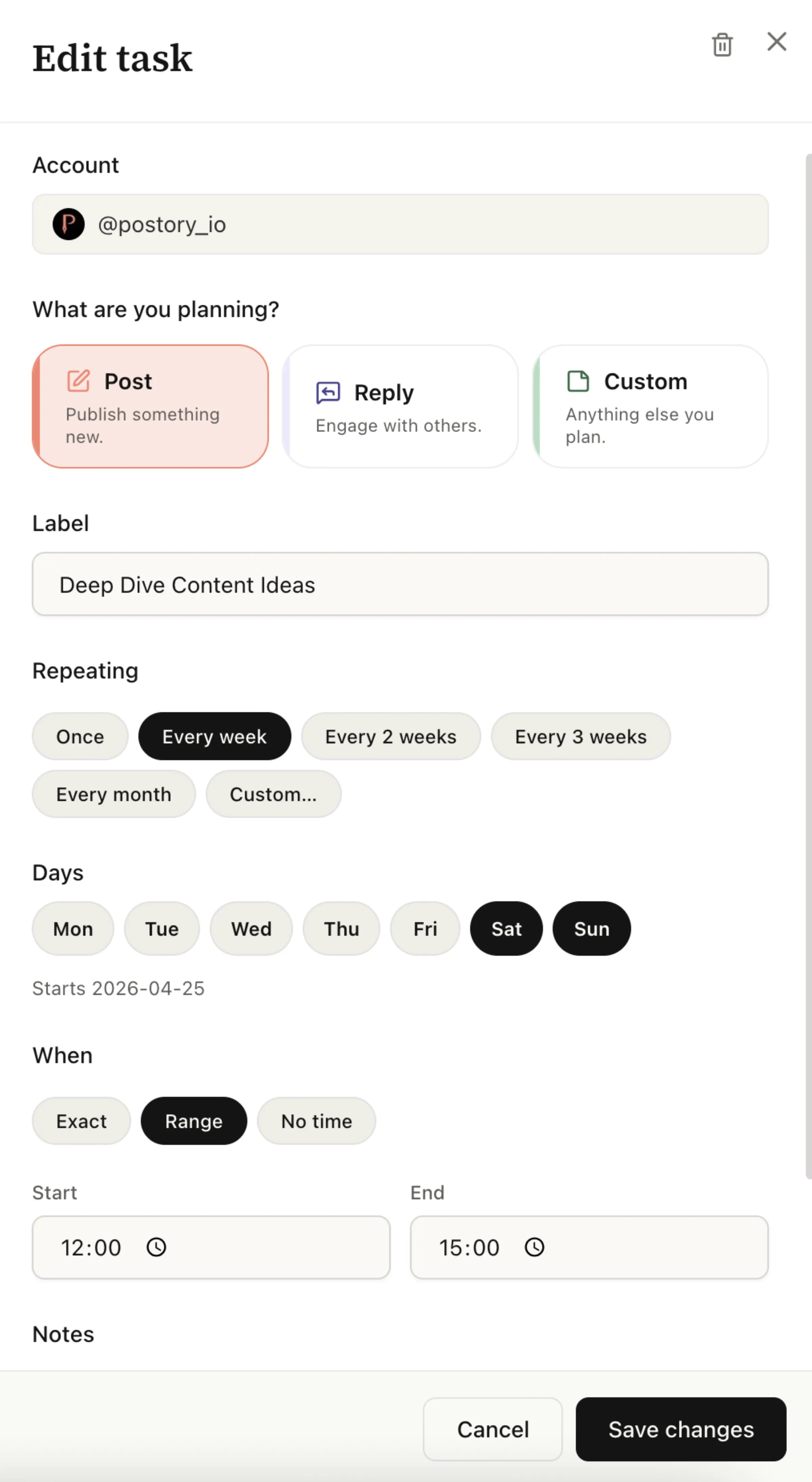 Postory planner — task detail drawer with cadence and timezone