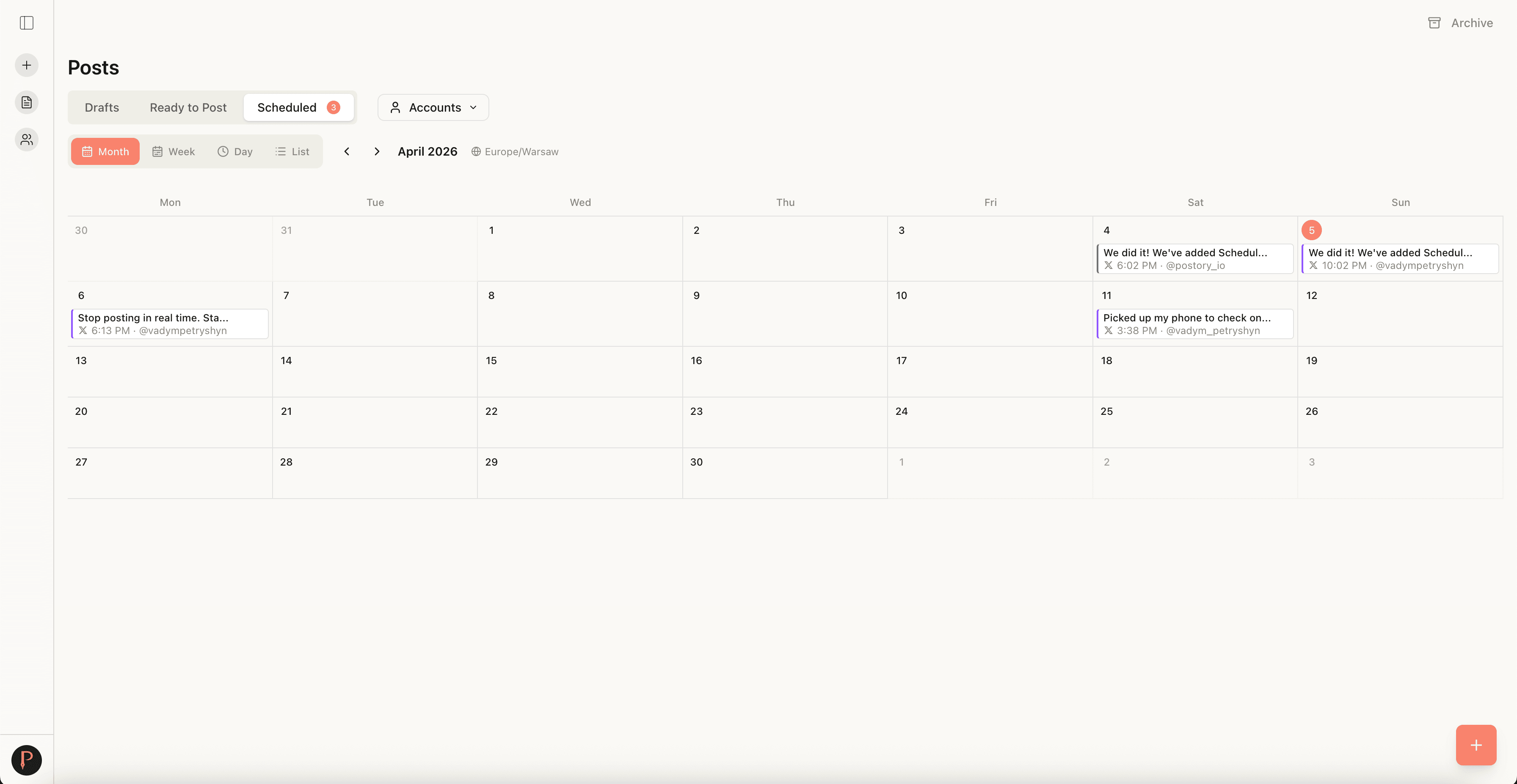Free social media scheduler — Postory social media calendar view 3