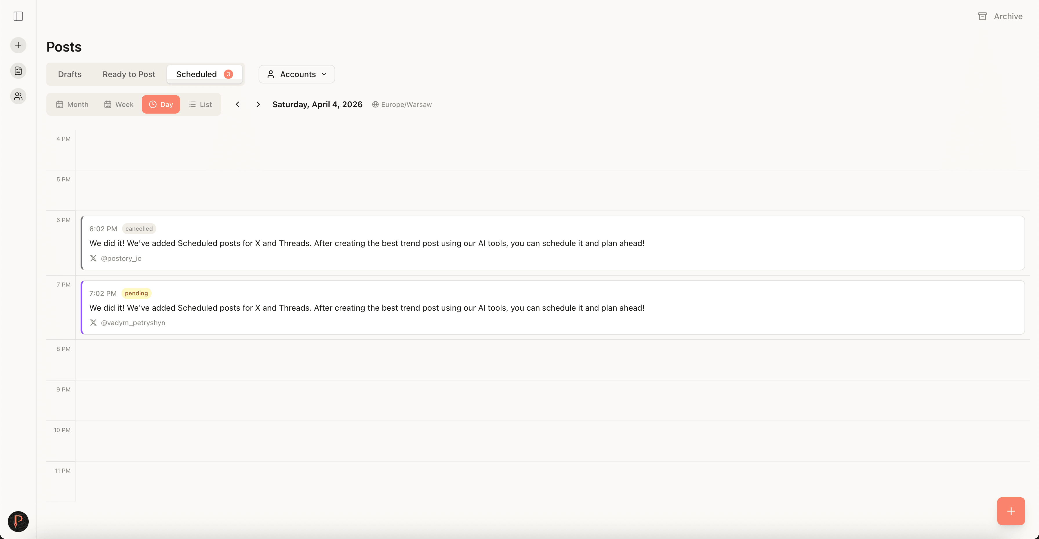 Free social media scheduler — Postory social media calendar view 1